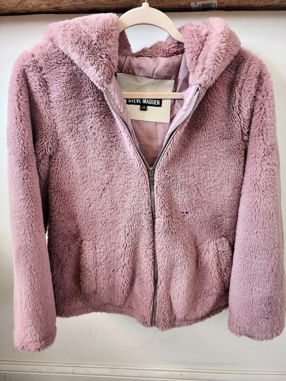 Steve Madden Girls Faux Fur Hooded Jacket Pink Large